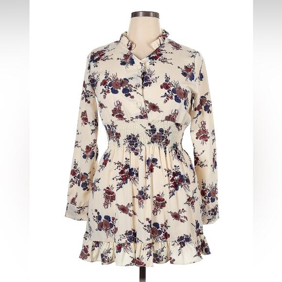 FLNN cream and floral print fit and flare long sleeved dress, size XL - Picture 1 of 9